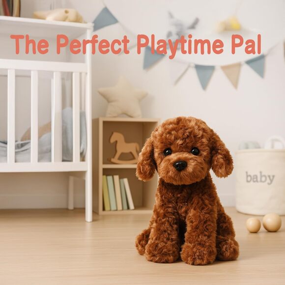 Labradoodle Plush Toy 12 Inch Fluffy Red Poodle Stuffed Dog Puppy Gift for Kids - Picture 8 of 9